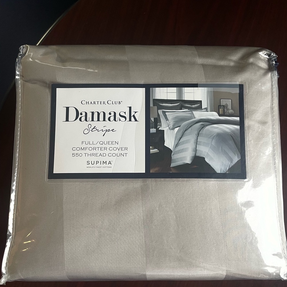 Damask Stripe Supima Cotton Duvet Cover for Queen/Full